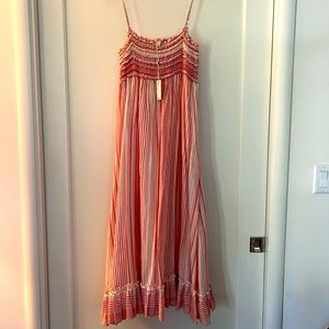 Max Studio pink striped ruched, lined, ruffled spaghetti strap maxi dress NWT